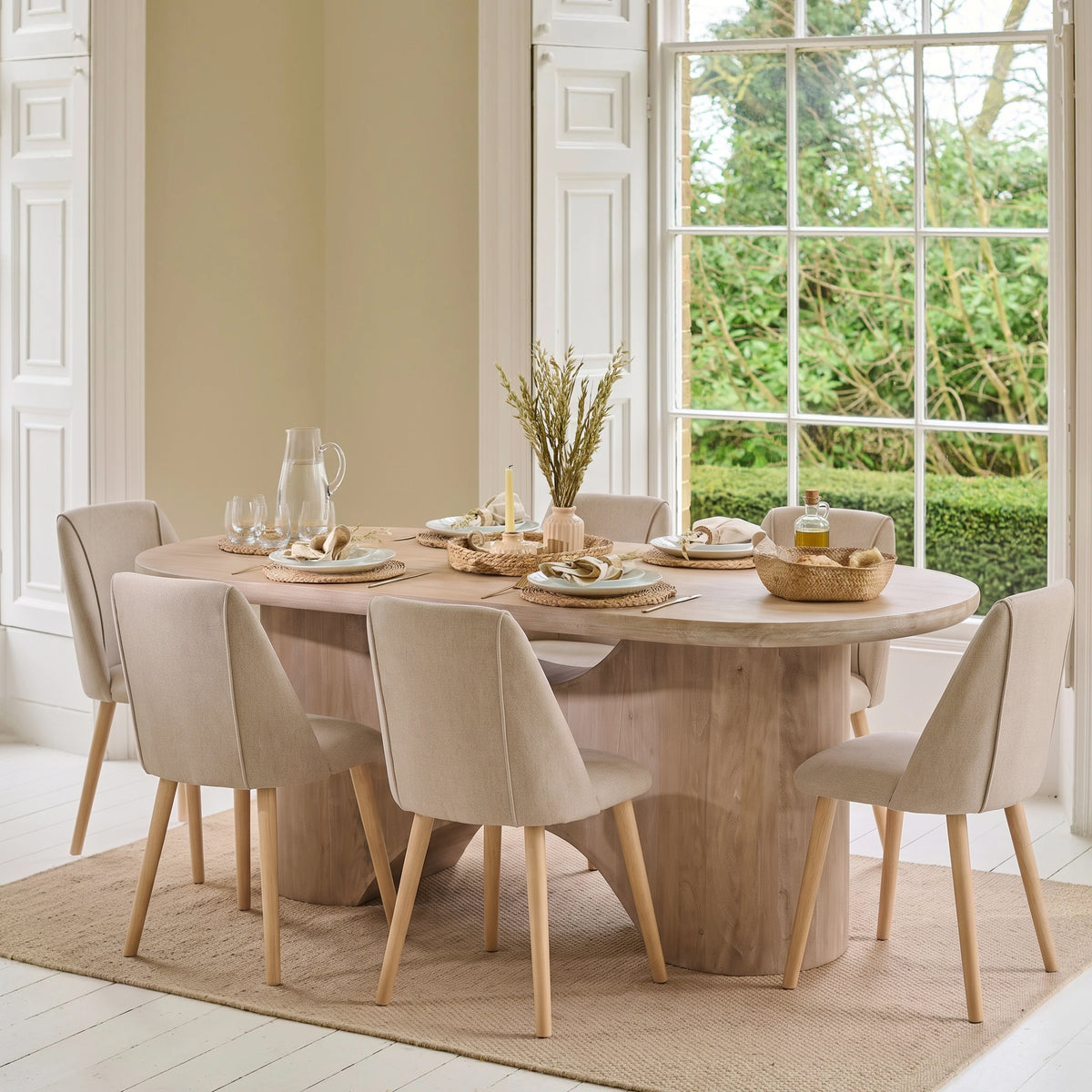 Octavia 220cm Limewash Dining Table Set - 6 Seater - Freya Sand Dining Chairs - Chalked Mango Wood Legs - Laura James 