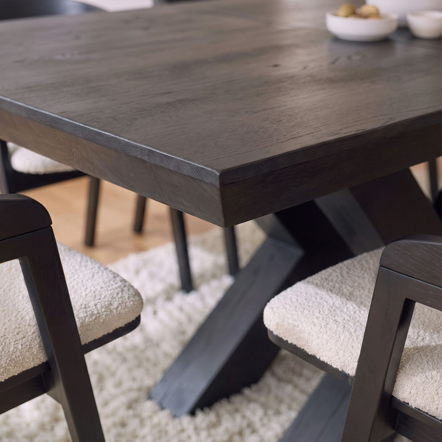 Olivia 160-240cm Black Oak Dining Table Set - 8 Seater - Ella Off White Boucle Dining Chairs - Black Oak Legs - Laura James 