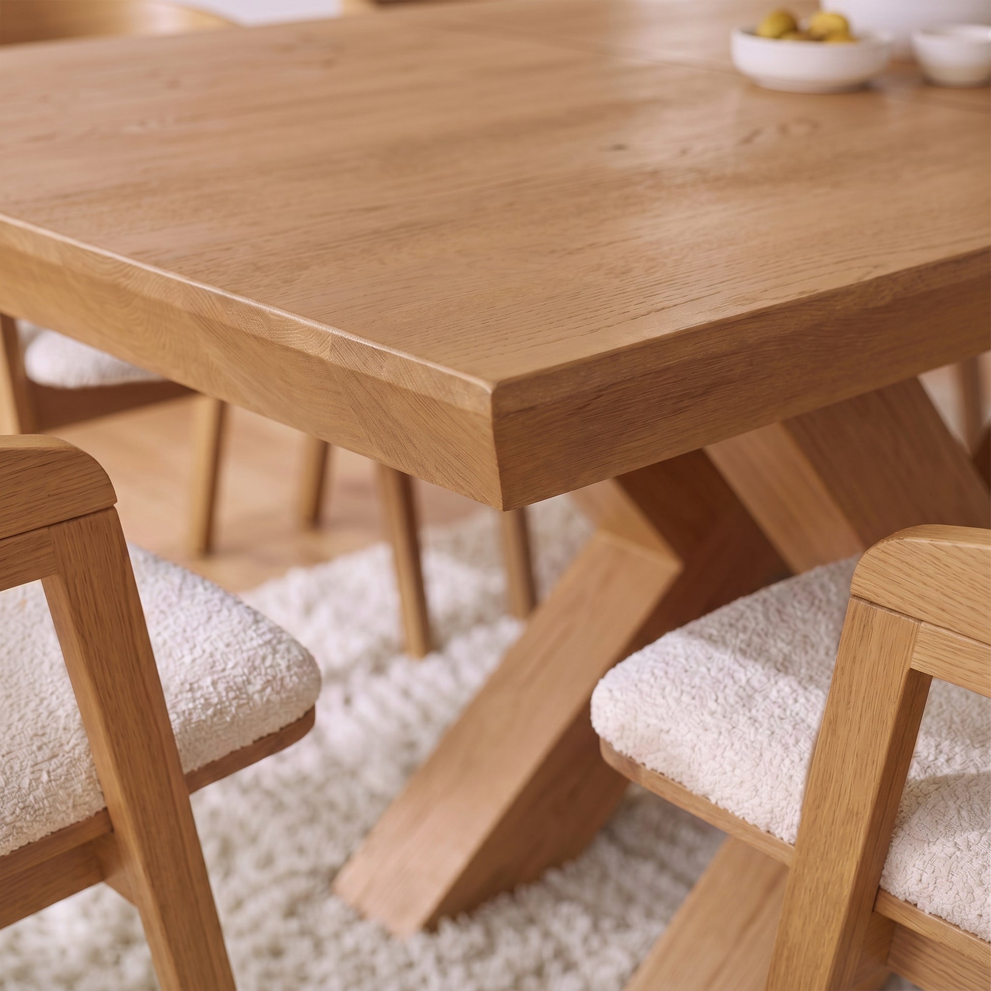 Olivia 160-240cm Pale Oak Dining Table Set - 8 Seater - Ella Off White Boucle Dining Chairs - Pale Oak Legs - Laura James 
