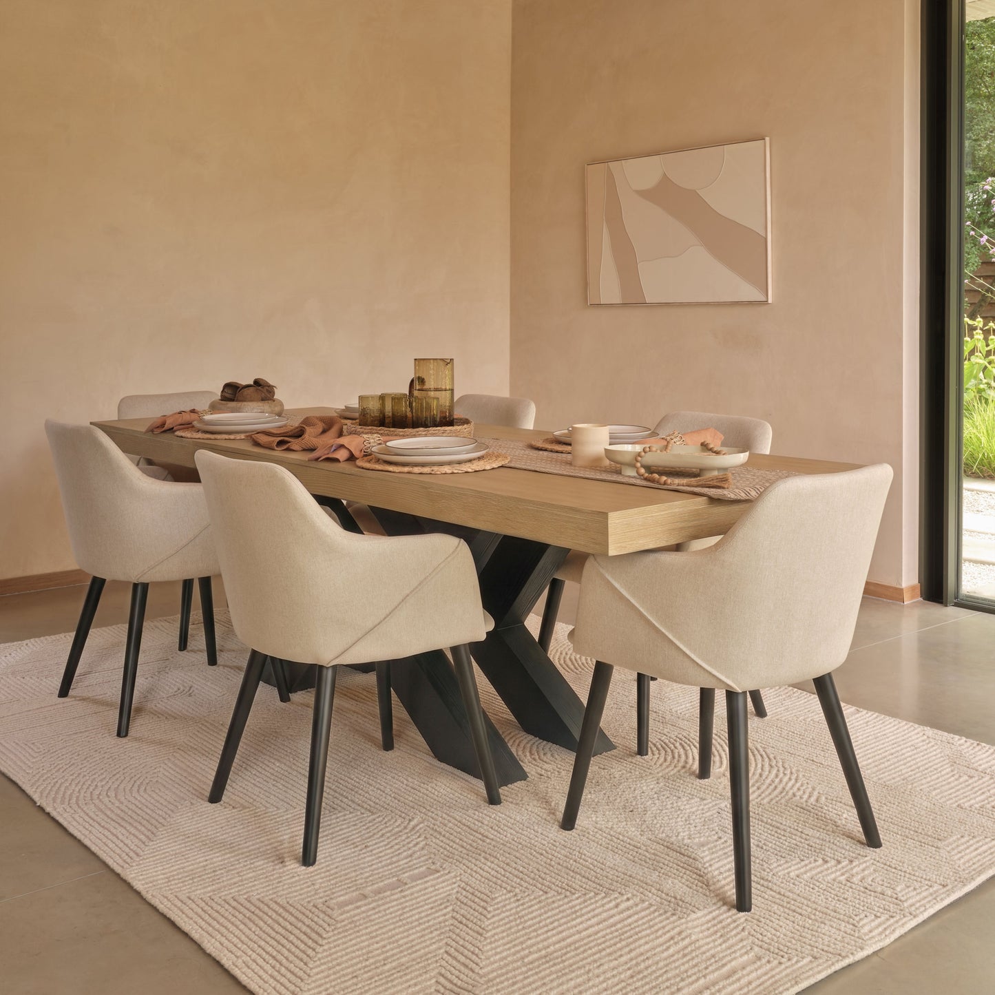 Olivia 160-240cm Whitewash Dining Table Set - 6 Seater - Freya Sand Dining Armchairs - Black Oak Legs- Laura James 