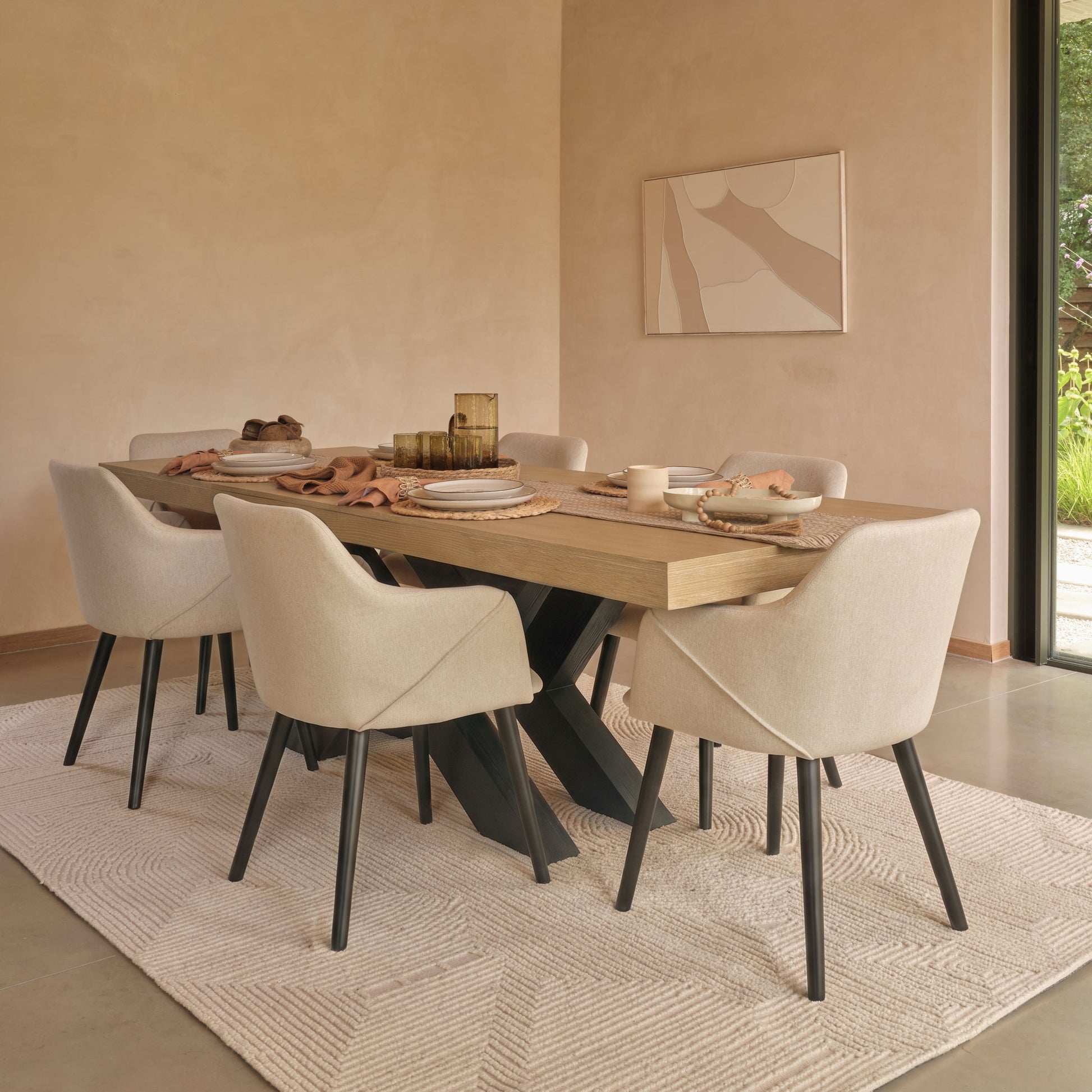Olivia 160-240cm Whitewash Dining Table Set - 6 Seater - Freya Sand Dining Armchairs - Black Oak Legs- Laura James 