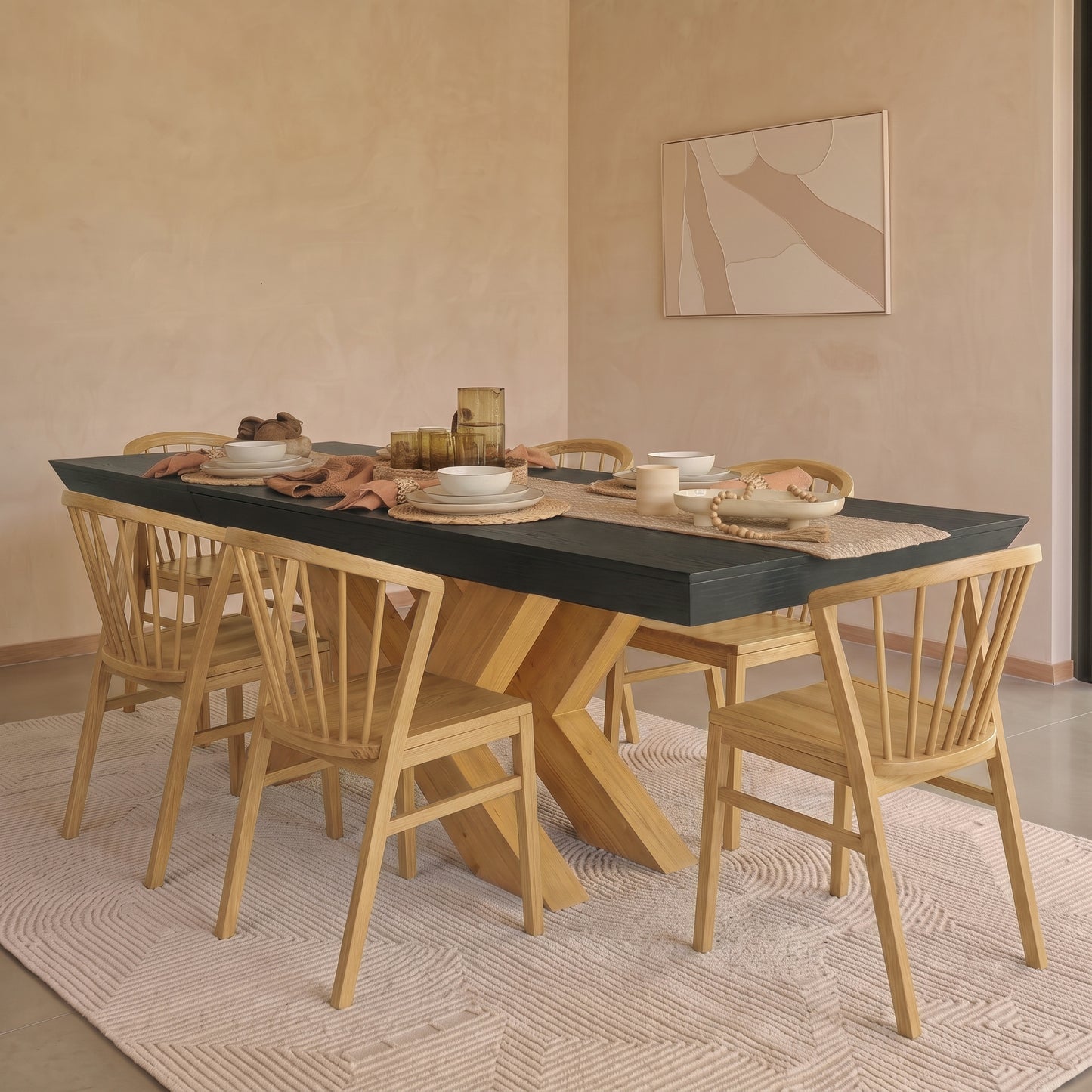 Olivia 160-240cm Black Oak Dining Table Set - 6 Seater - Mabel Dining Chairs - Pale Oak - Laura James 
