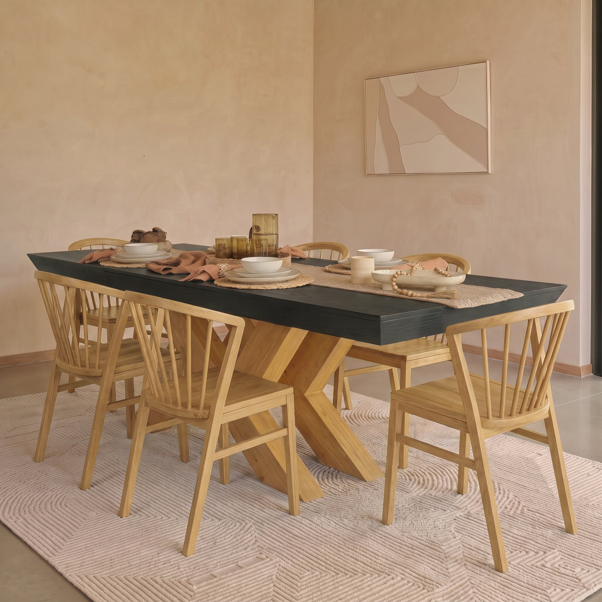 Olivia 160-240cm Black Oak Dining Table Set - 6 Seater - Mabel Dining Chairs - Pale Oak - Laura James 