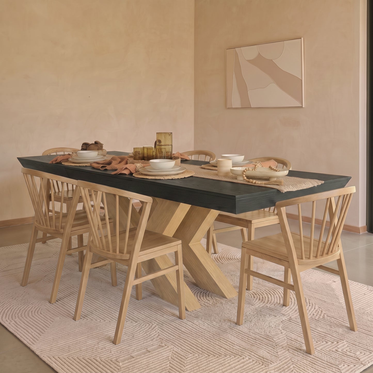Olivia 160-240cm Black Oak Dining Table Set - 6 Seater - Mabel Dining Chairs - Whitewash Oak Legs - Laura James 