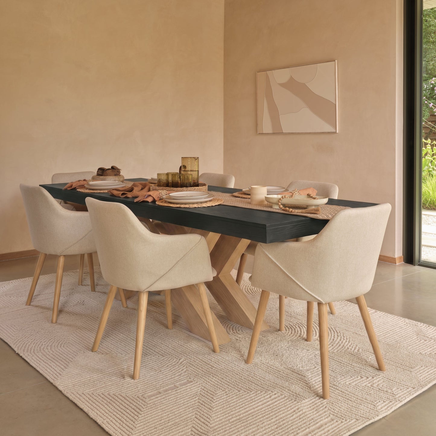 Olivia 160-240cm Black Oak Dining Table Set - 6 Seater - Freya Sand Dining Armchairs - Whitewash Oak Legs - Laura James 