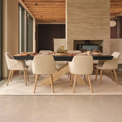 Olivia 160-240cm Black Oak Dining Table Set - 6 Seater - Freya Sand Dining Armchairs - Whitewash Oak Legs - Laura James 