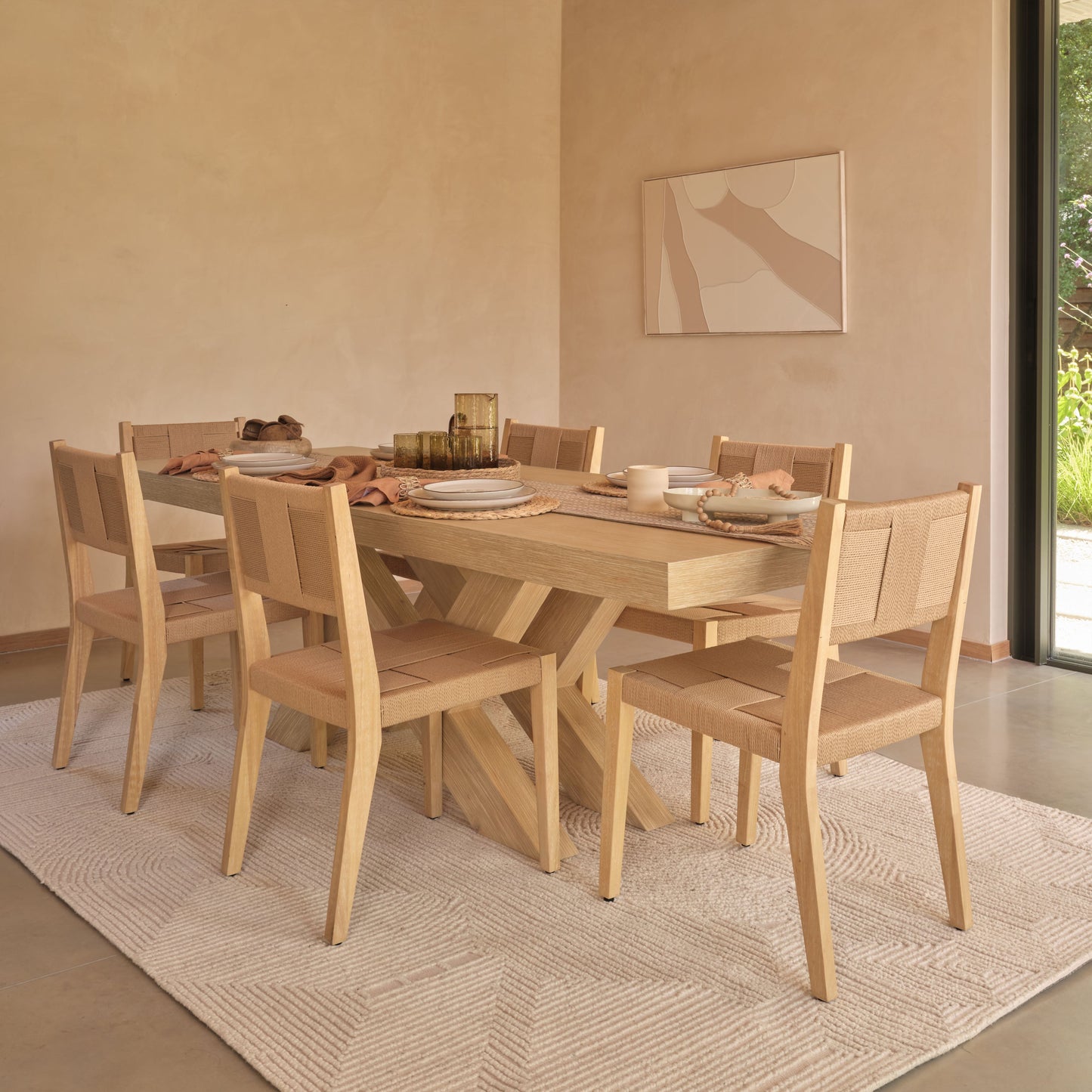 Olivia 160-240cm Whitewash Oak Dining Table Set - 6 Seater - Dinah Natural String Dining Chairs - Whitewash Oak Legs - Laura James 