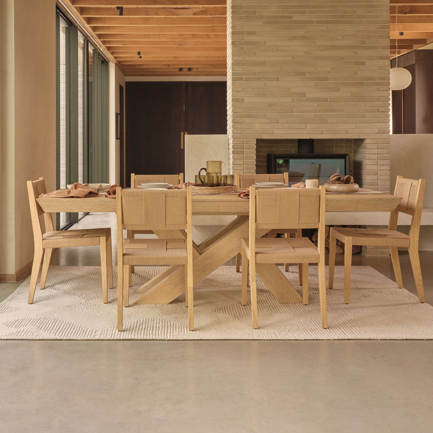 Olivia 160-240cm Whitewash Oak Dining Table Set - 6 Seater - Dinah Natural String Dining Chairs - Whitewash Oak Legs - Laura James 