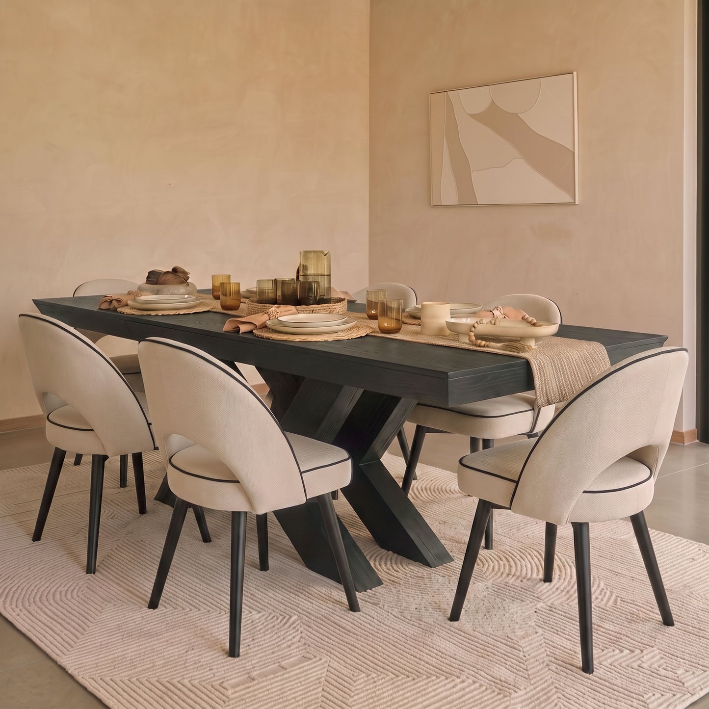 Olivia 160-240cm Black Oak Dining Table Set - 6 Seater - Marilyn Ivory with Jet Black Piping Dining Chairs - Black Oak Legs - Laura James 