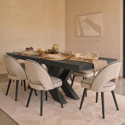 Olivia 160-240cm Black Oak Dining Table Set - 6 Seater - Marilyn Ivory with Jet Black Piping Dining Chairs - Black Oak Legs - Laura James 