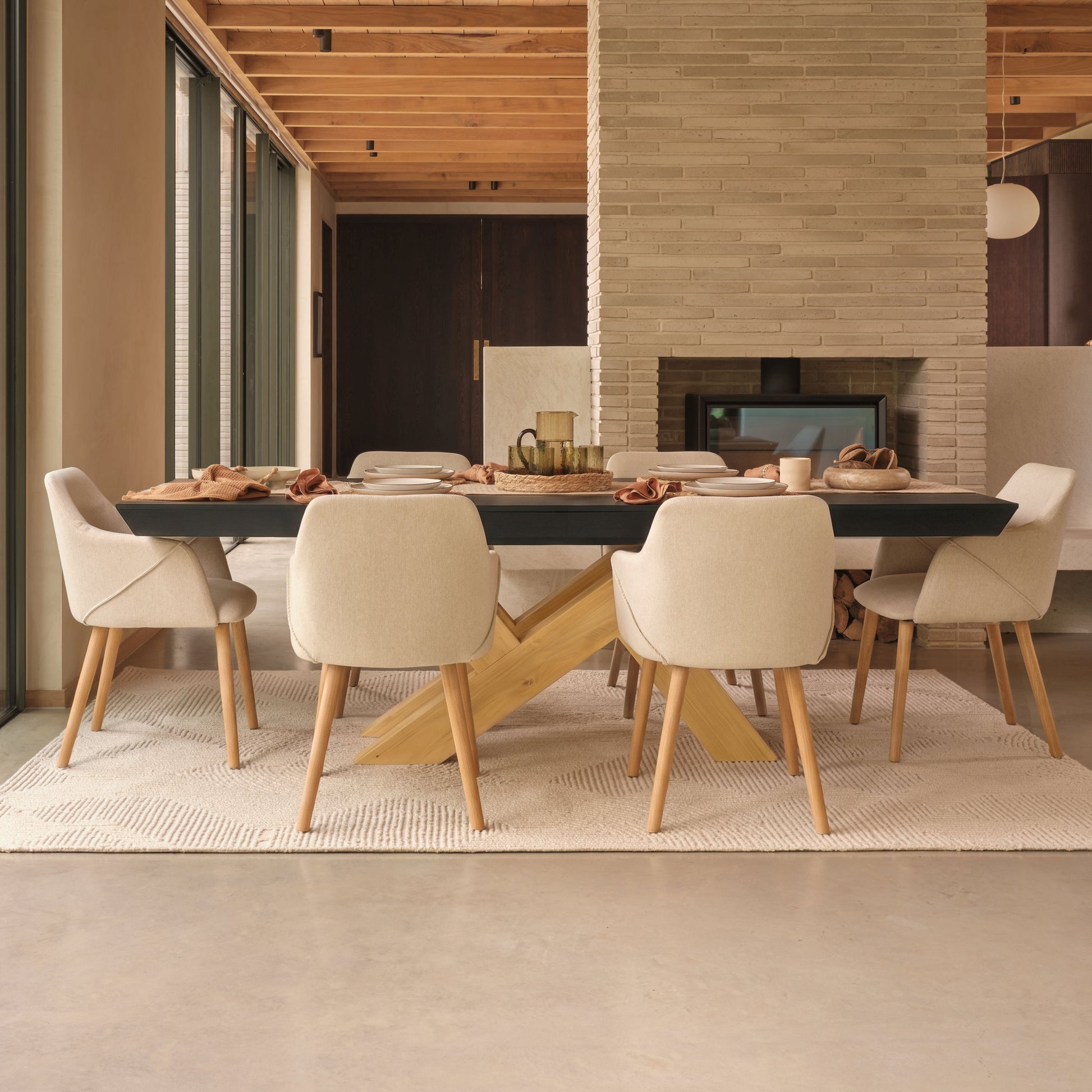 Olivia 160-240cm Black Oak Dining Table Set - 6 Seater - Freya Sand Dining Armchairs - Pale Oak Legs - Laura James 