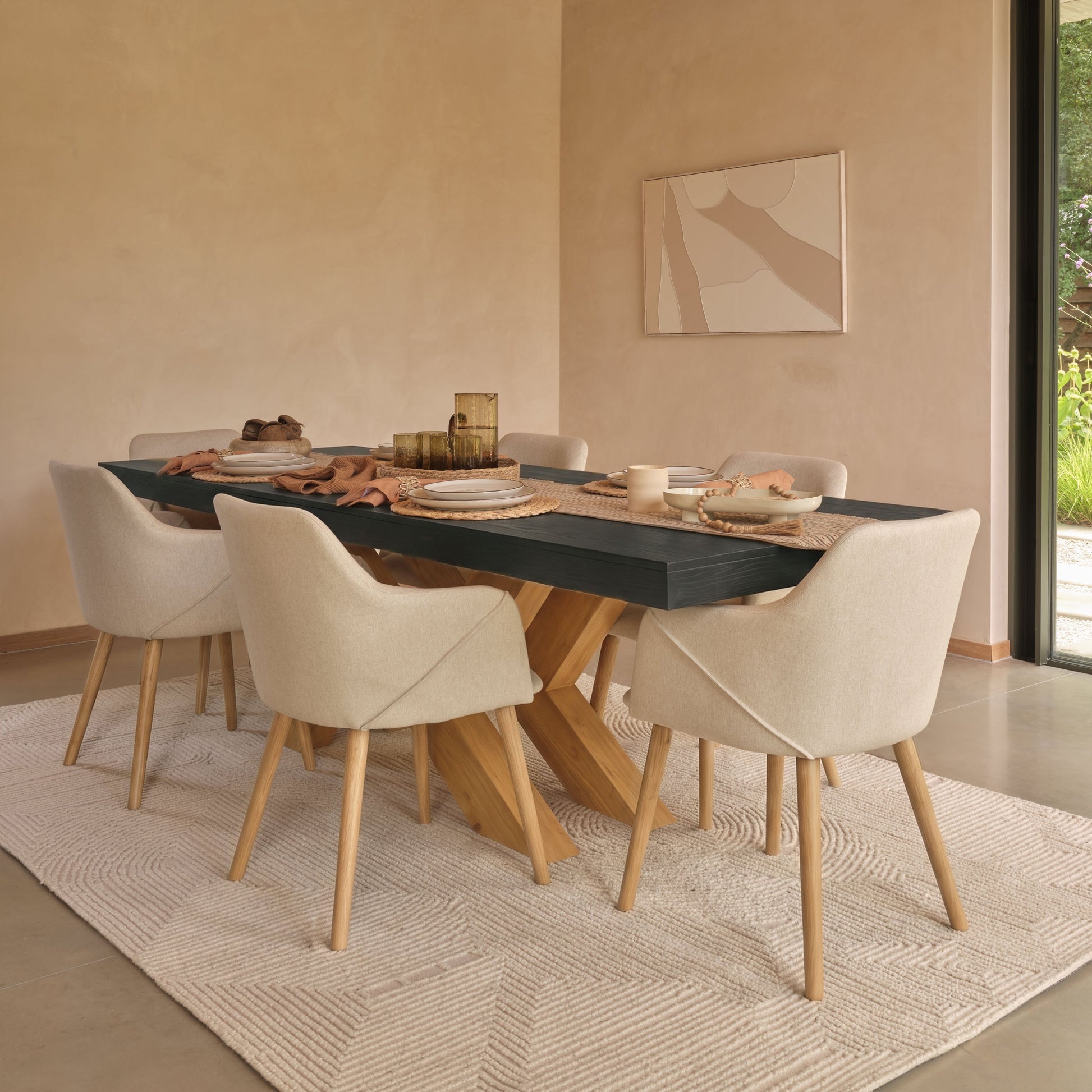 Olivia 160-240cm Black Oak Dining Table Set - 6 Seater - Freya Sand Dining Armchairs - Pale Oak Legs - Laura James 