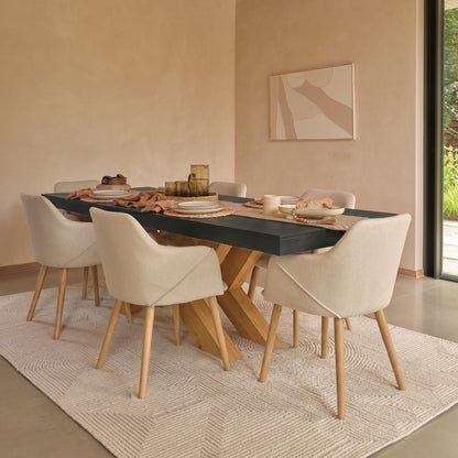Olivia 160-240cm Black Oak Dining Table Set - 6 Seater - Freya Sand Dining Armchairs - Pale Oak Legs - Laura James 