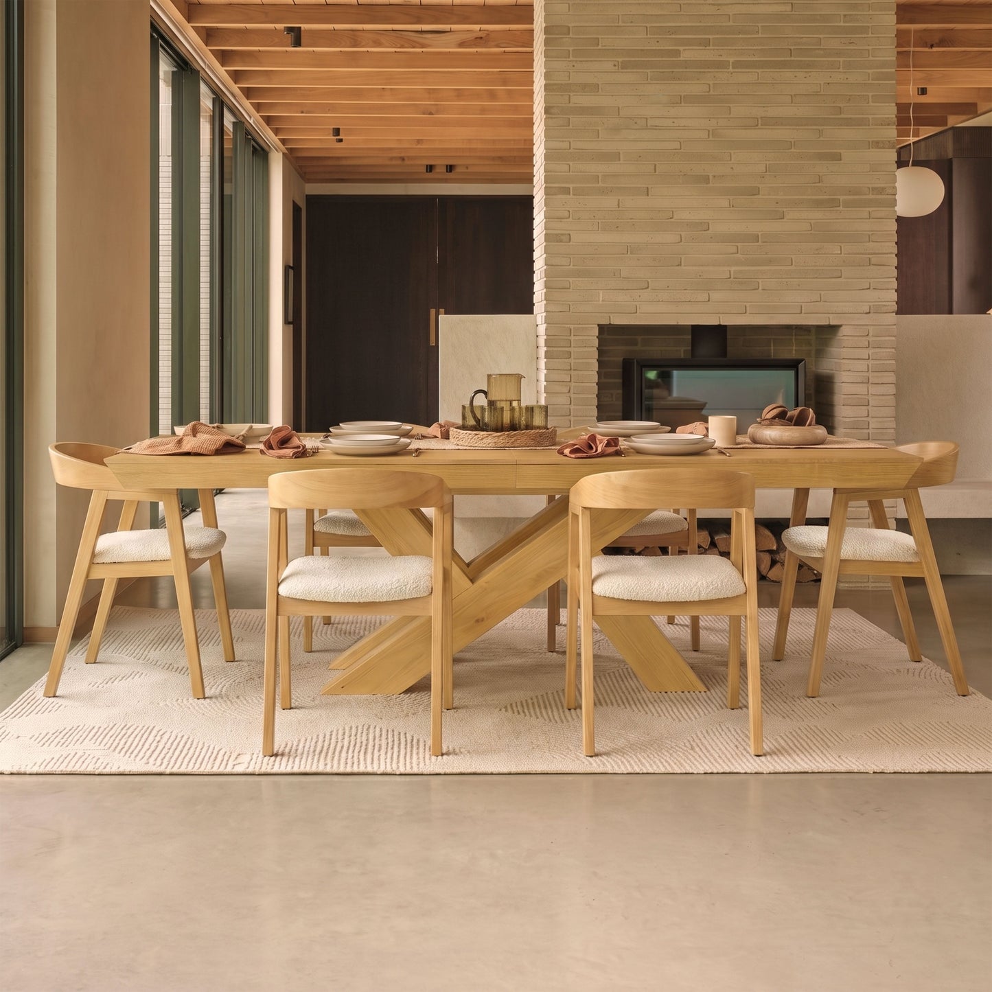 Olivia 160-240cm Pale Oak Dining Table Set - 6 Seater - Ella Off White Boucle Dining Chairs - Pale Oak Legs