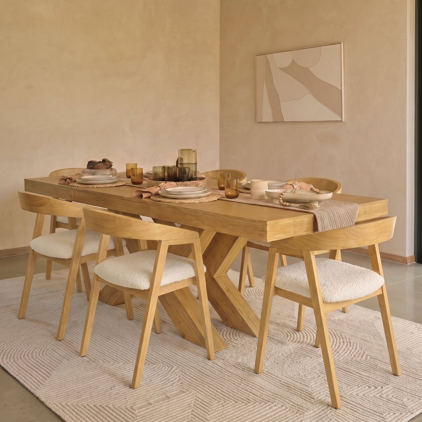 Olivia 160-240cm Pale Oak Dining Table Set - 6 Seater - Ella Off White Boucle Dining Chairs - Pale Oak Legs