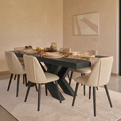 Olivia 160-240cm Black Oak Dining Table Set - 6 Seater - Freya Sand Dining Chairs - Black Oak Legs - Laura James 