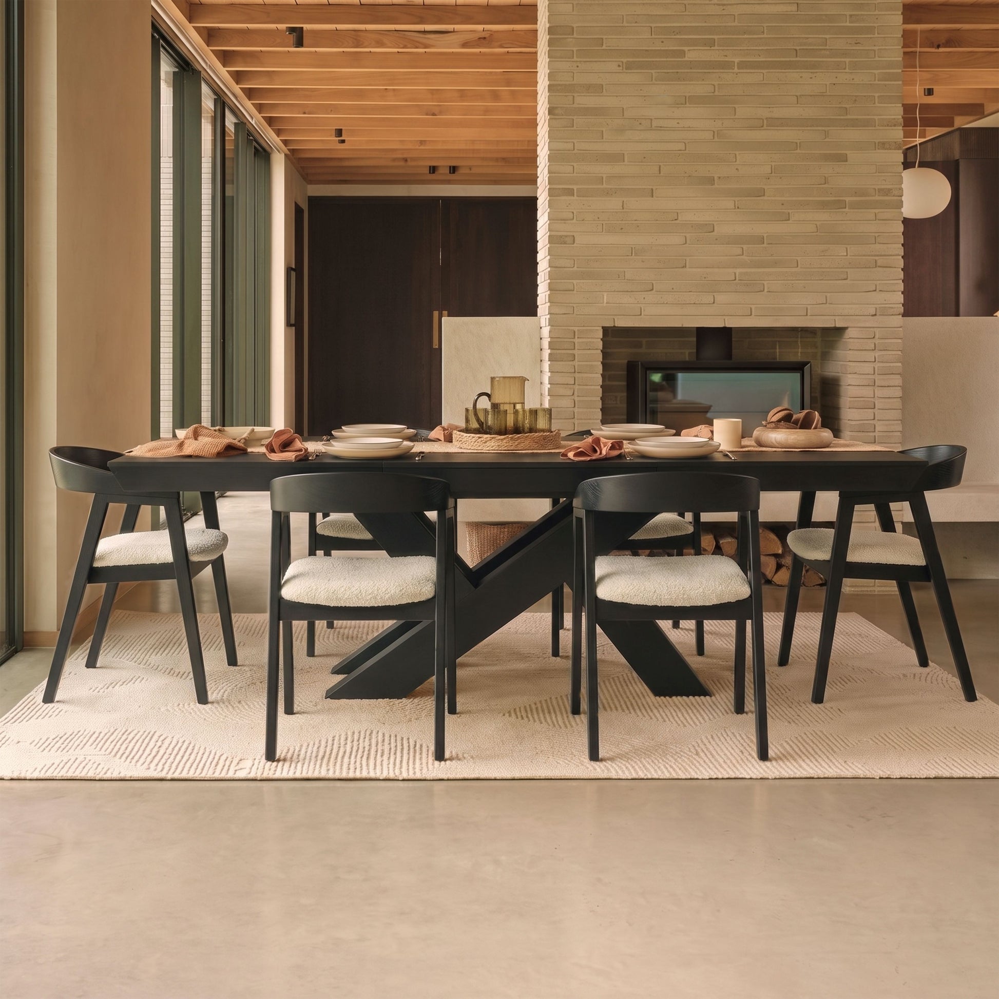 Olivia 160-240cm Black Oak Dining Table Set - 6 Seater - Ella Off White Boucle Dining Chairs - Black Oak Legs - Laura James 