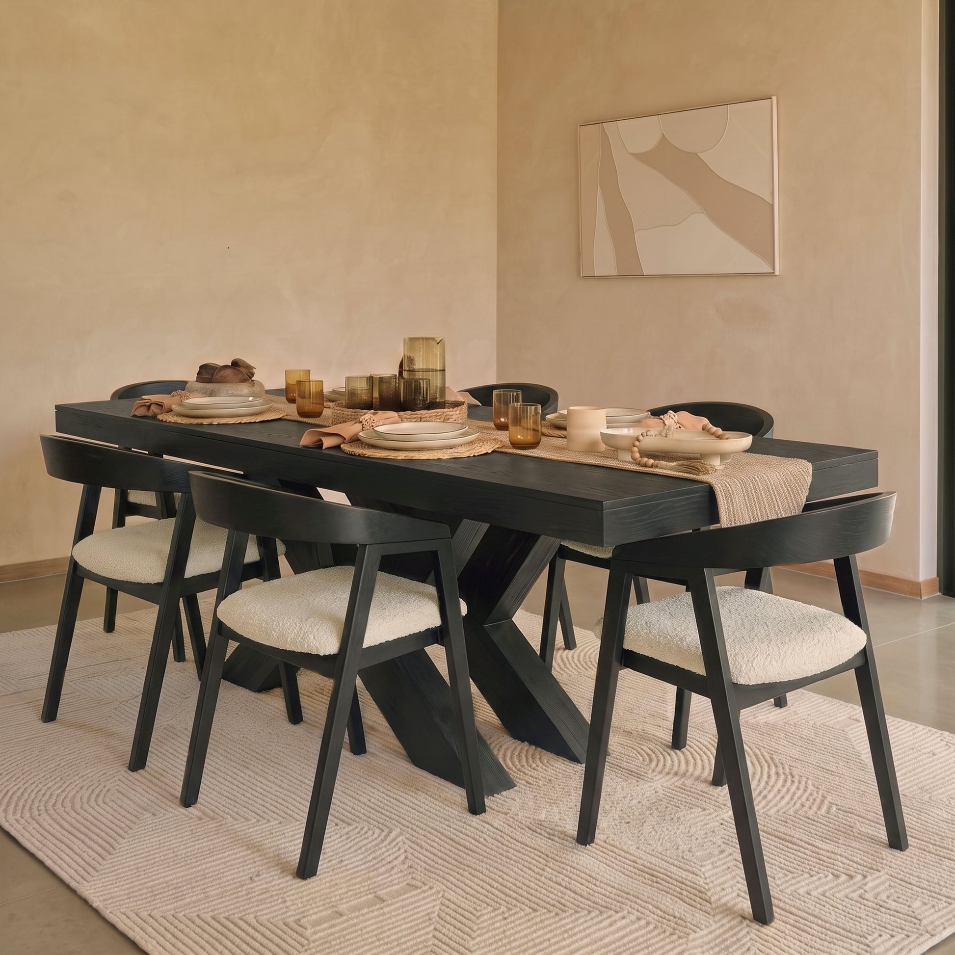 Olivia 160-240cm Black Oak Dining Table Set - 6 Seater - Ella Off White Boucle Dining Chairs - Black Oak Legs - Laura James 