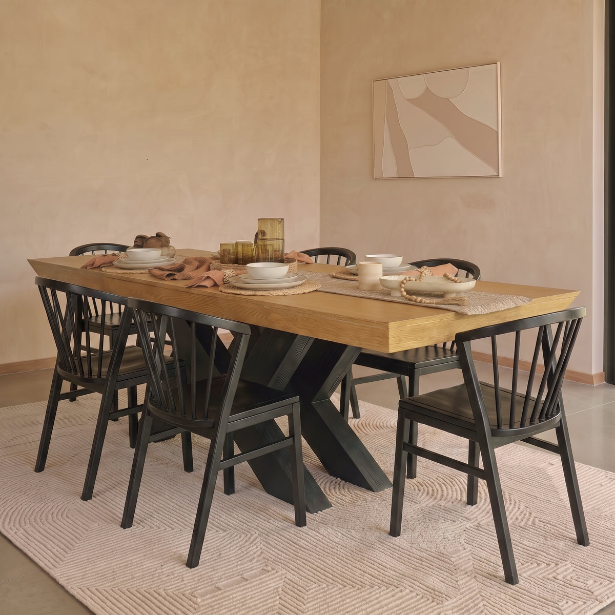 Olivia 160-240cm Pale Oak Dining Table Set - 6 Seater - Mabel Dining Chairs - Black Oak Legs - Laura James 