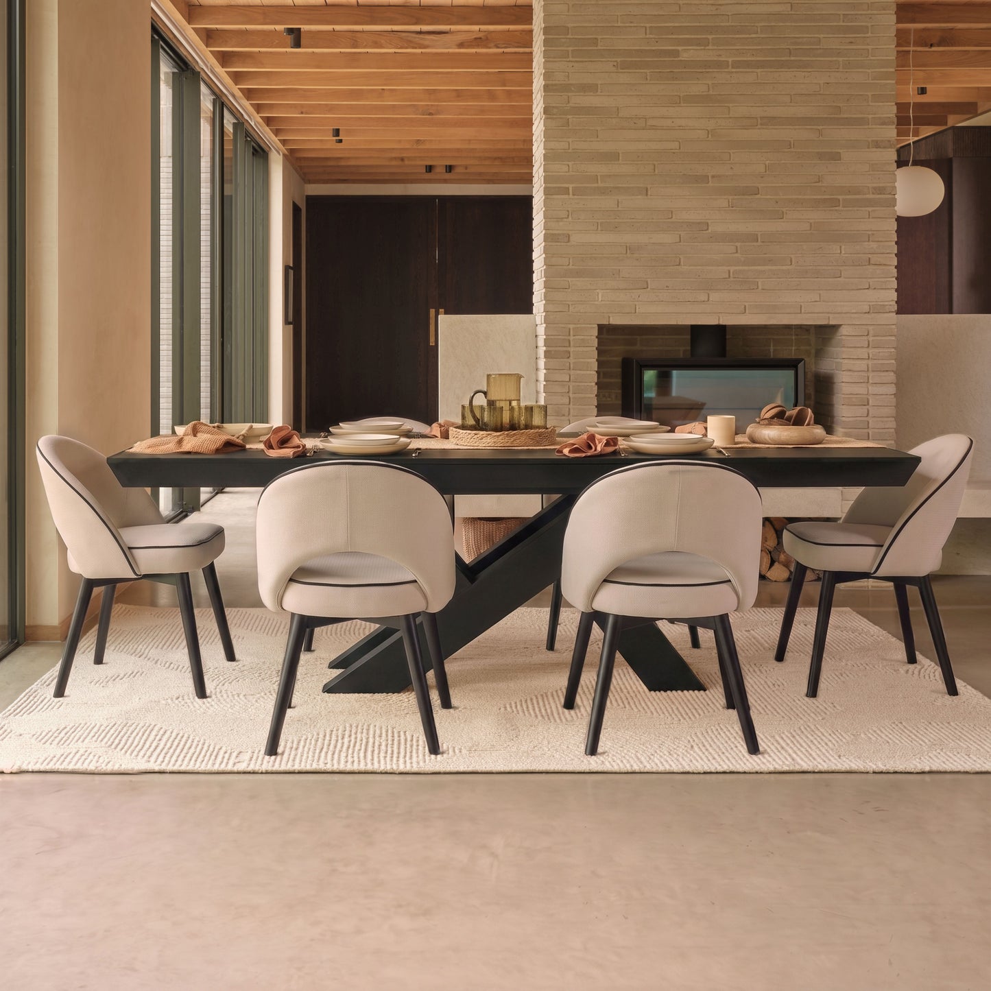 Olivia 160-240cm Black Oak Dining Table Set - 6 Seater - Marilyn Ivory with Jet Black Piping Dining Chairs - Black Oak Legs - Laura James 