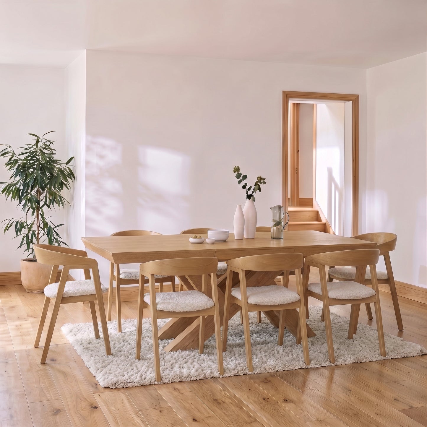 Olivia 160-240cm Pale Oak Dining Table Set - 8 Seater - Ella Off White Boucle Dining Chairs - Pale Oak Legs - Laura James 