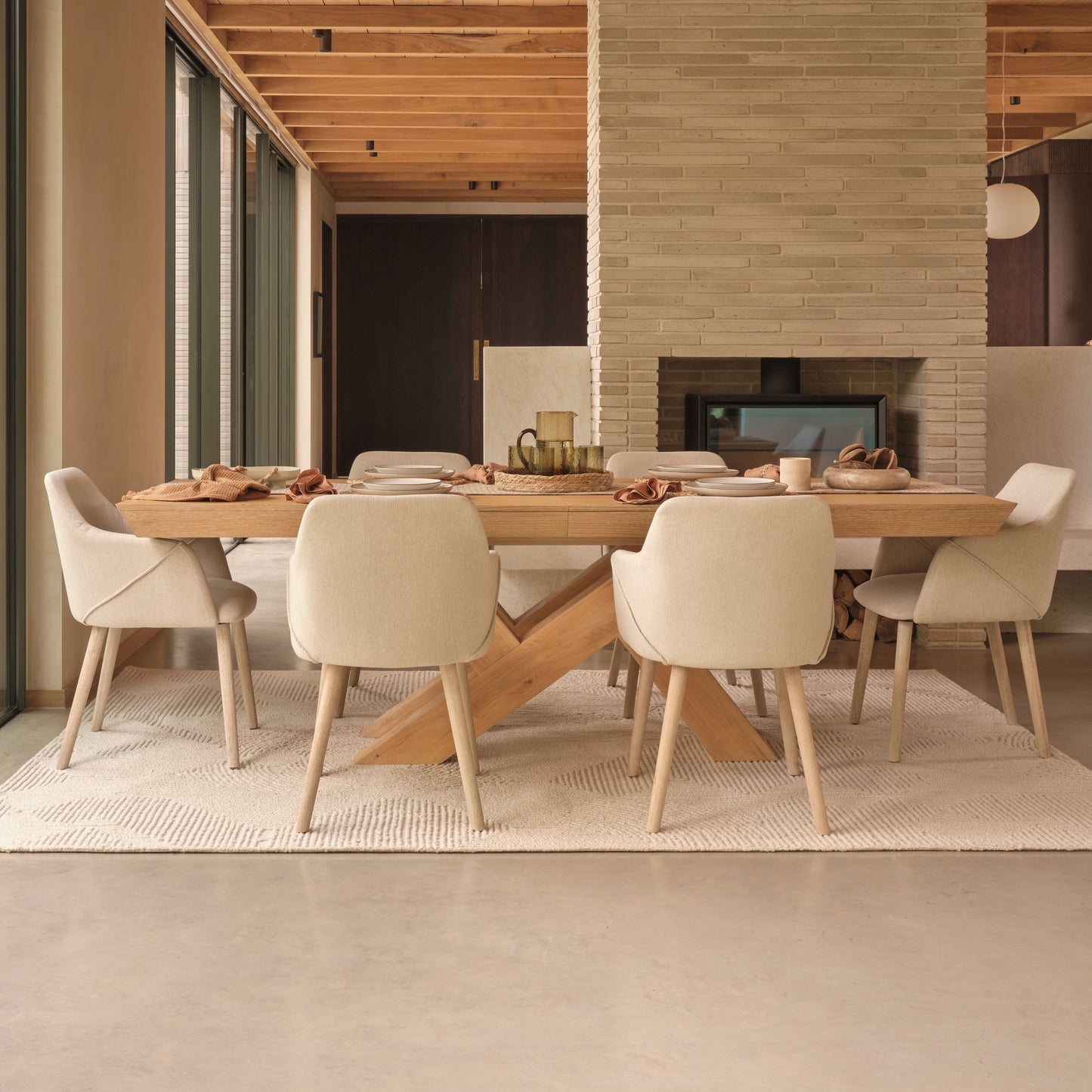 Olivia 160-240cm Pale Oak Dining Table Set - 6 Seater - Freya Sand Dining Armchairs - Pale Oak Legs