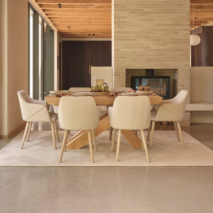 Olivia 160-240cm Pale Oak Dining Table Set - 6 Seater - Freya Sand Dining Armchairs - Pale Oak Legs