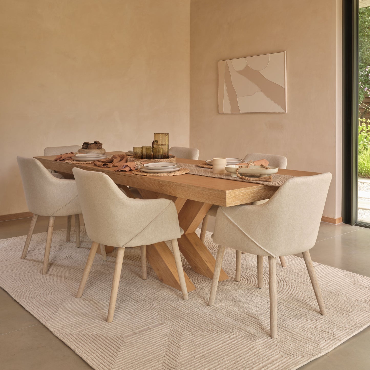 Olivia 160-240cm Pale Oak Dining Table Set - 6 Seater - Freya Sand Dining Armchairs - Pale Oak Legs