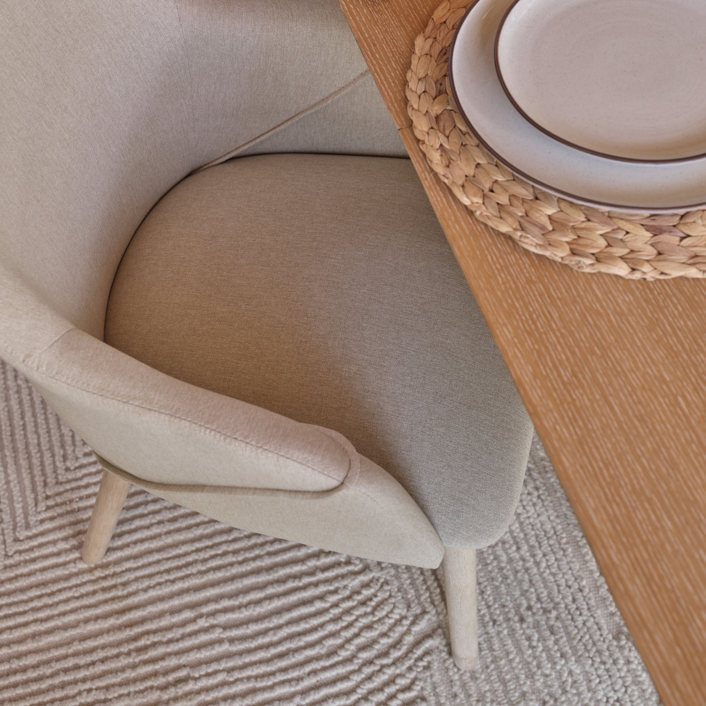 Olivia 160-240cm Pale Oak Dining Table Set - 6 Seater - Freya Sand Dining Armchairs - Pale Oak Legs