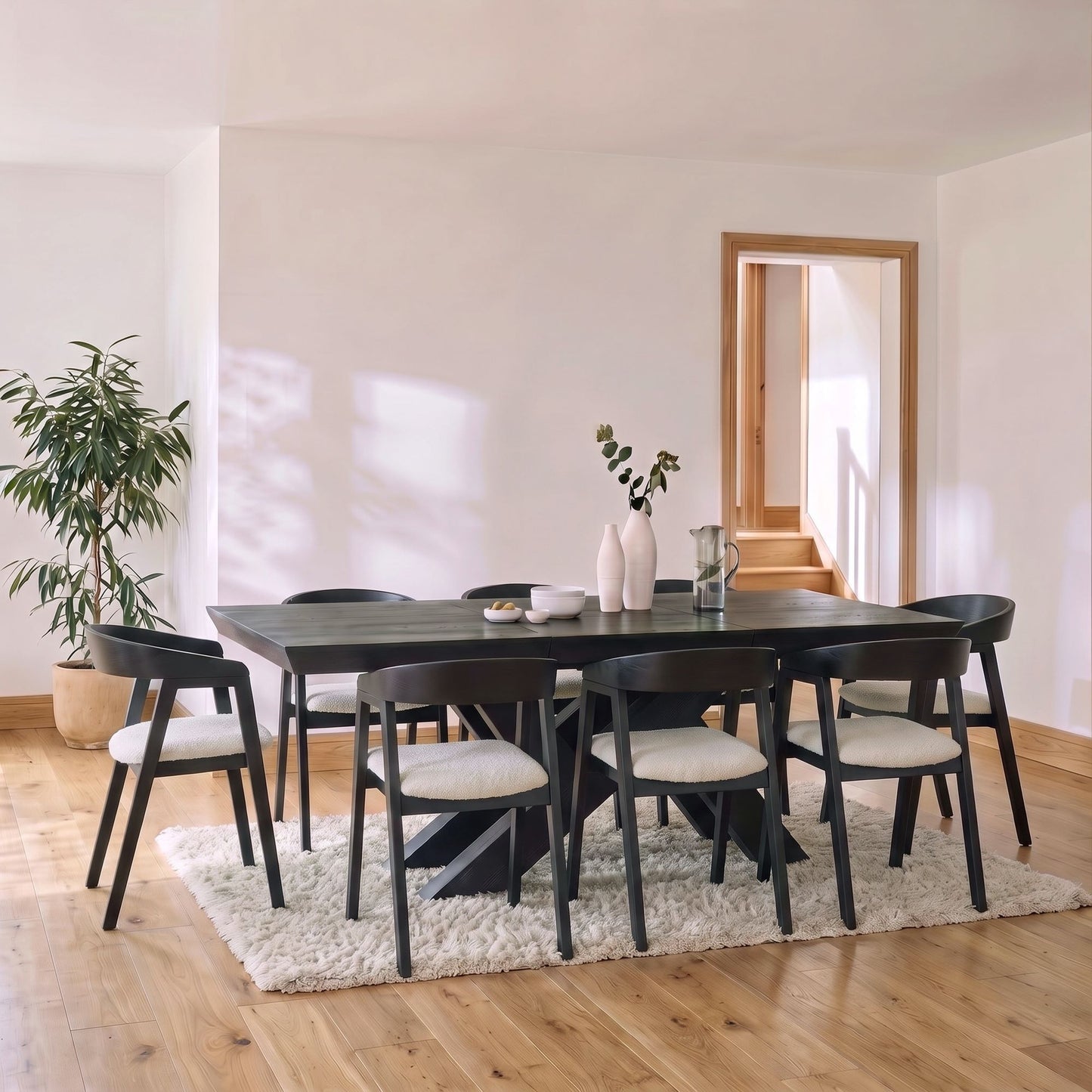 Olivia 160-240cm Black Oak Dining Table Set - 8 Seater - Ella Off White Boucle Dining Chairs - Black Oak Legs - Laura James 