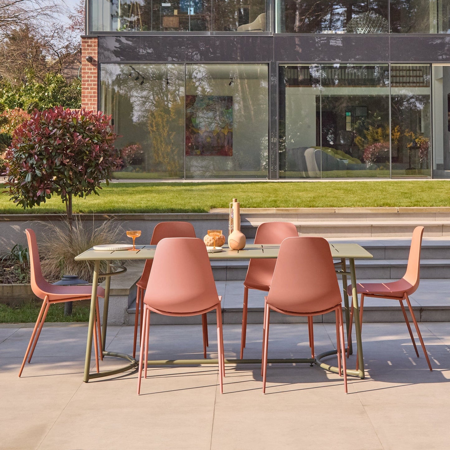 Wilder 6 Seater Metal Garden Dining Set with Wren Burnt Orange Chairs - Laura James 