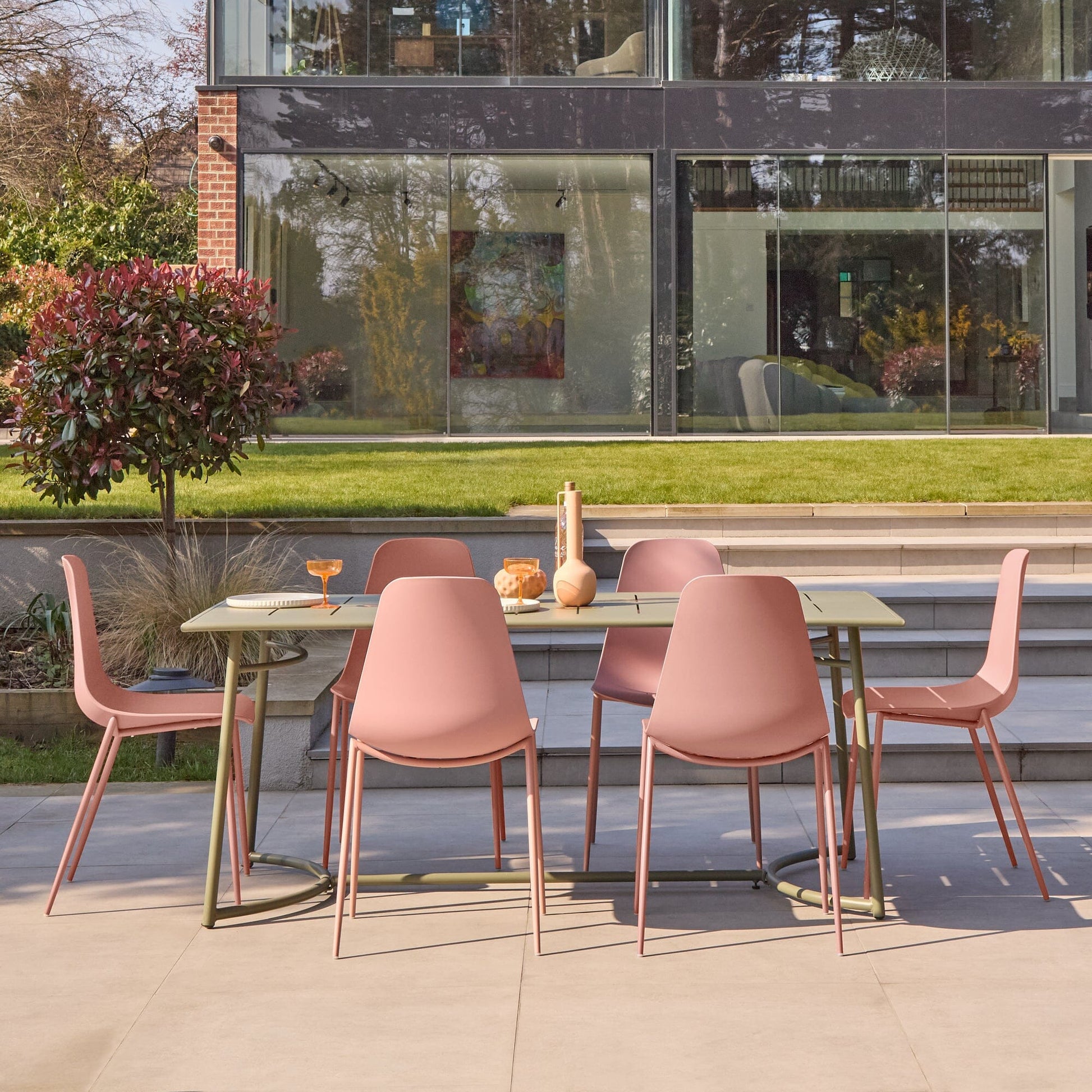 Wilder 6 Seater Metal Garden Dining Set with Wren Pink Chairs- Laura James 