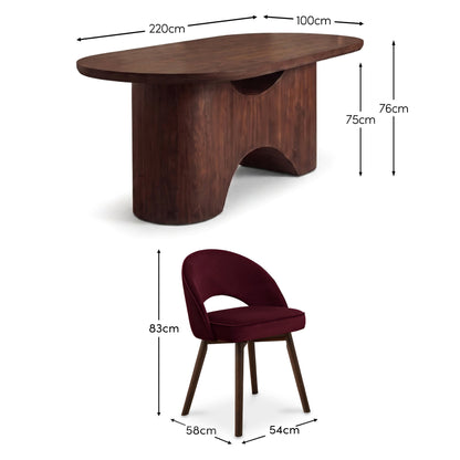 Octavia 220cm Coffee Brown Mango Wood Dining Table Set - 6 Seater - Marilyn Burgundy Red Dining Chairs - Coffee Brown Legs - Laura James 