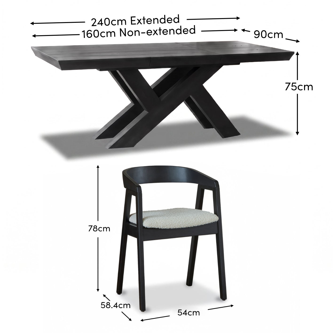 Olivia 160-240cm Black Oak Dining Table Set - 6 Seater - Ella Off White Boucle Dining Chairs - Black Oak Legs - Laura James 
