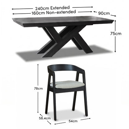 Olivia 160-240cm Black Oak Dining Table Set - 6 Seater - Ella Off White Boucle Dining Chairs - Black Oak Legs - Laura James 