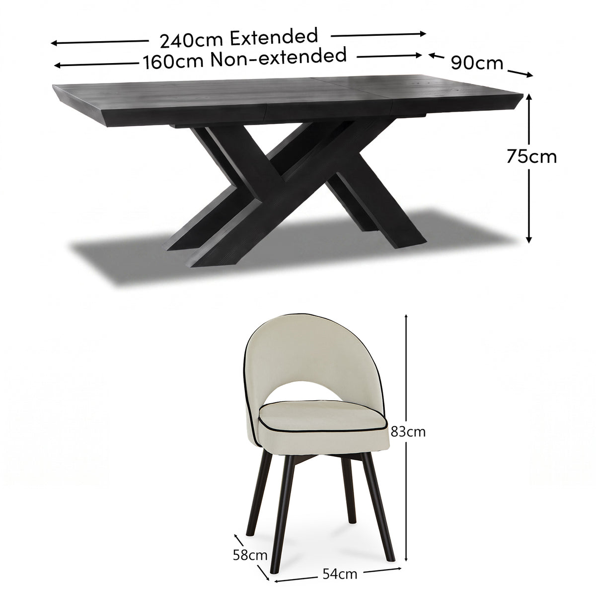Olivia 160-240cm Black Oak Dining Table Set - 6 Seater - Marilyn Ivory with Jet Black Piping Dining Chairs - Black Oak Legs - Laura James 