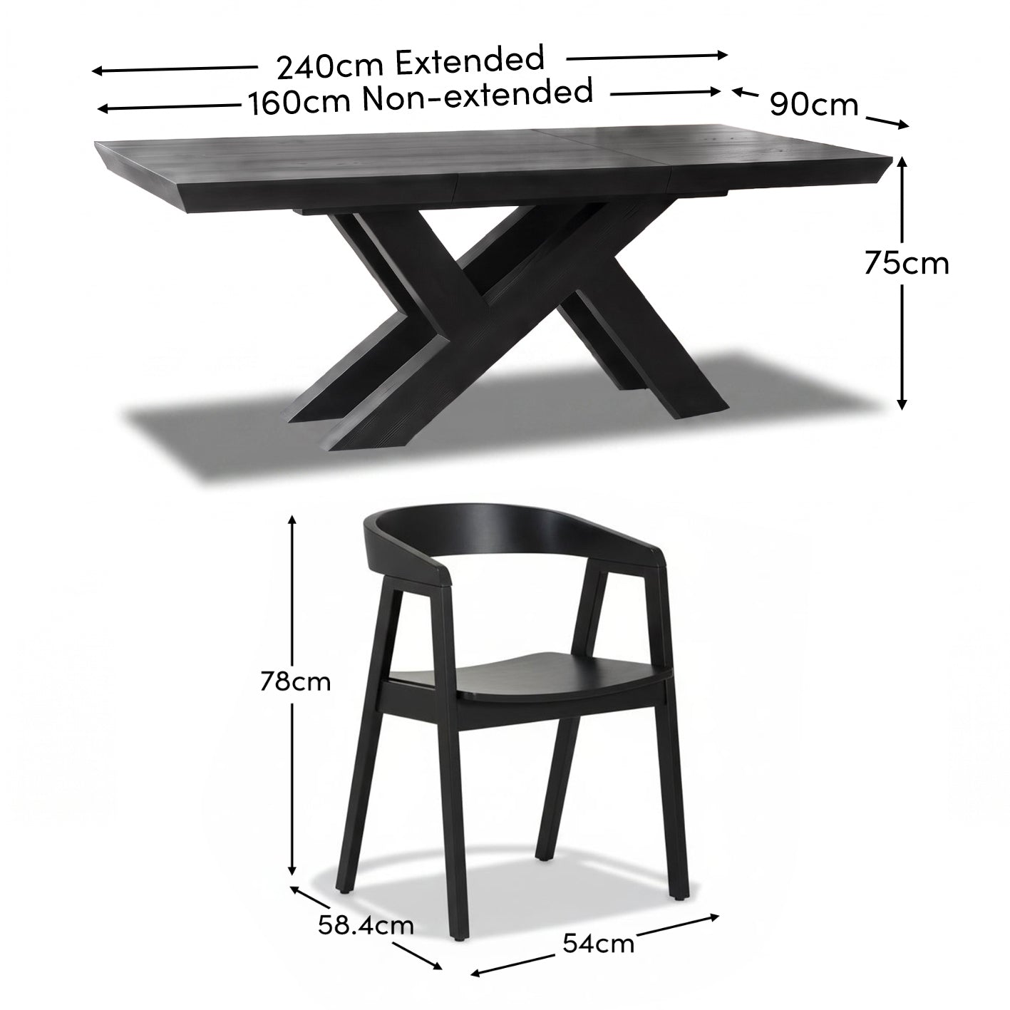 Olivia 160-240cm Black Oak Dining Table Set - 6 Seater - Ella Black Oak Dining Chairs - Laura James 