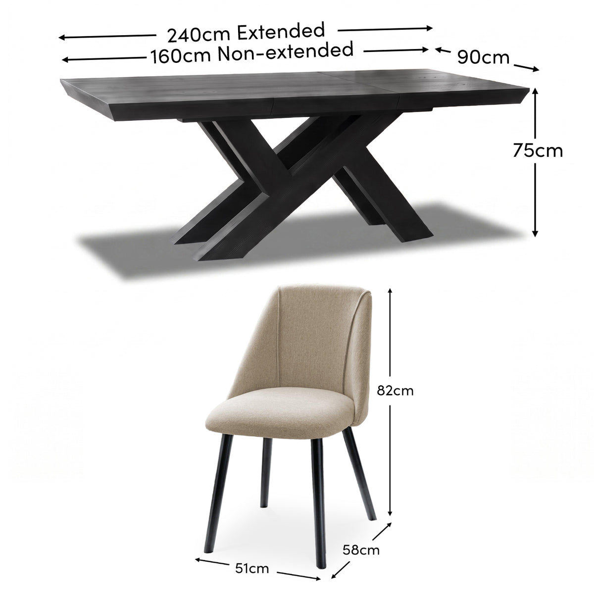 Olivia 160-240cm Black Oak Dining Table Set - 6 Seater - Freya Sand Dining Chairs - Black Oak Legs - Laura James  