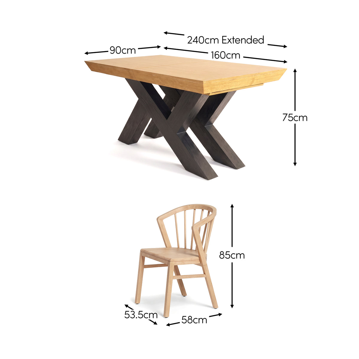 Olivia 160-240cm Black Oak Dining Table Set - 6 Seater - Mabel Dining Chairs - Pale Oak - Laura James 