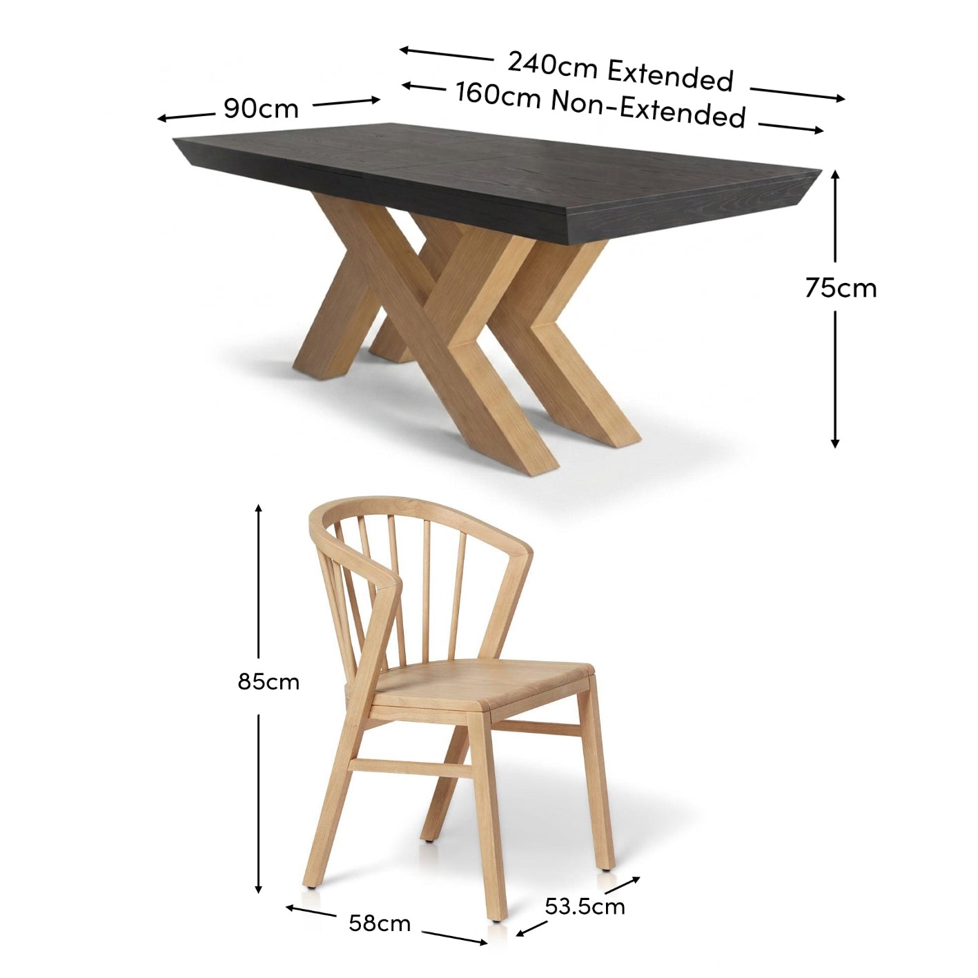 Olivia 160-240cm Black Oak Dining Table Set - 6 Seater - Mabel Dining Chairs - Whitewash Oak Legs - Laura James 