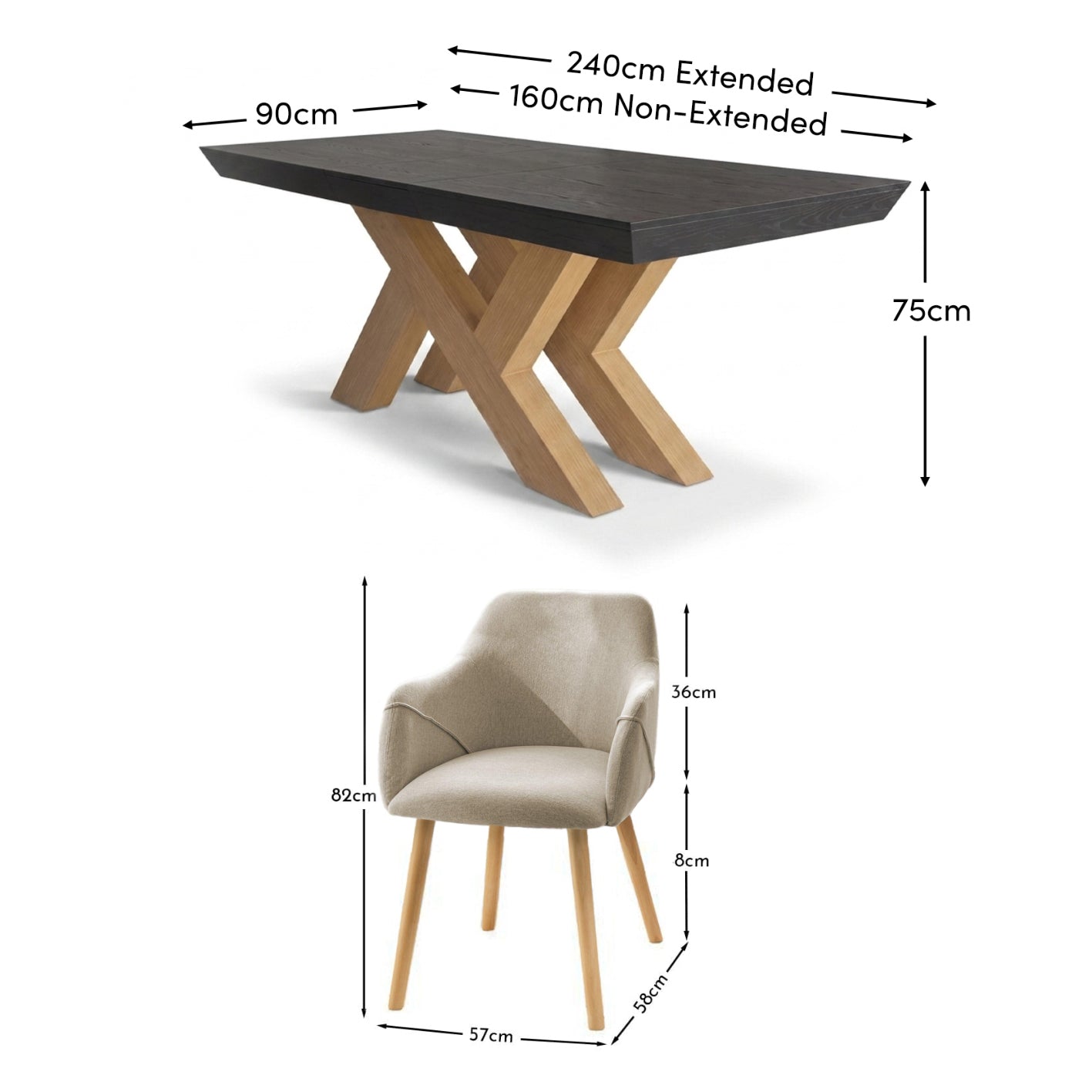 Olivia 160-240cm Black Oak Dining Table Set - 6 Seater - Freya Sand Dining Armchairs - Whitewash Oak Legs - Laura James 