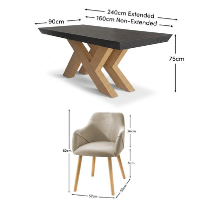 Olivia 160-240cm Black Oak Dining Table Set - 6 Seater - Freya Sand Dining Armchairs - Whitewash Oak Legs - Laura James 