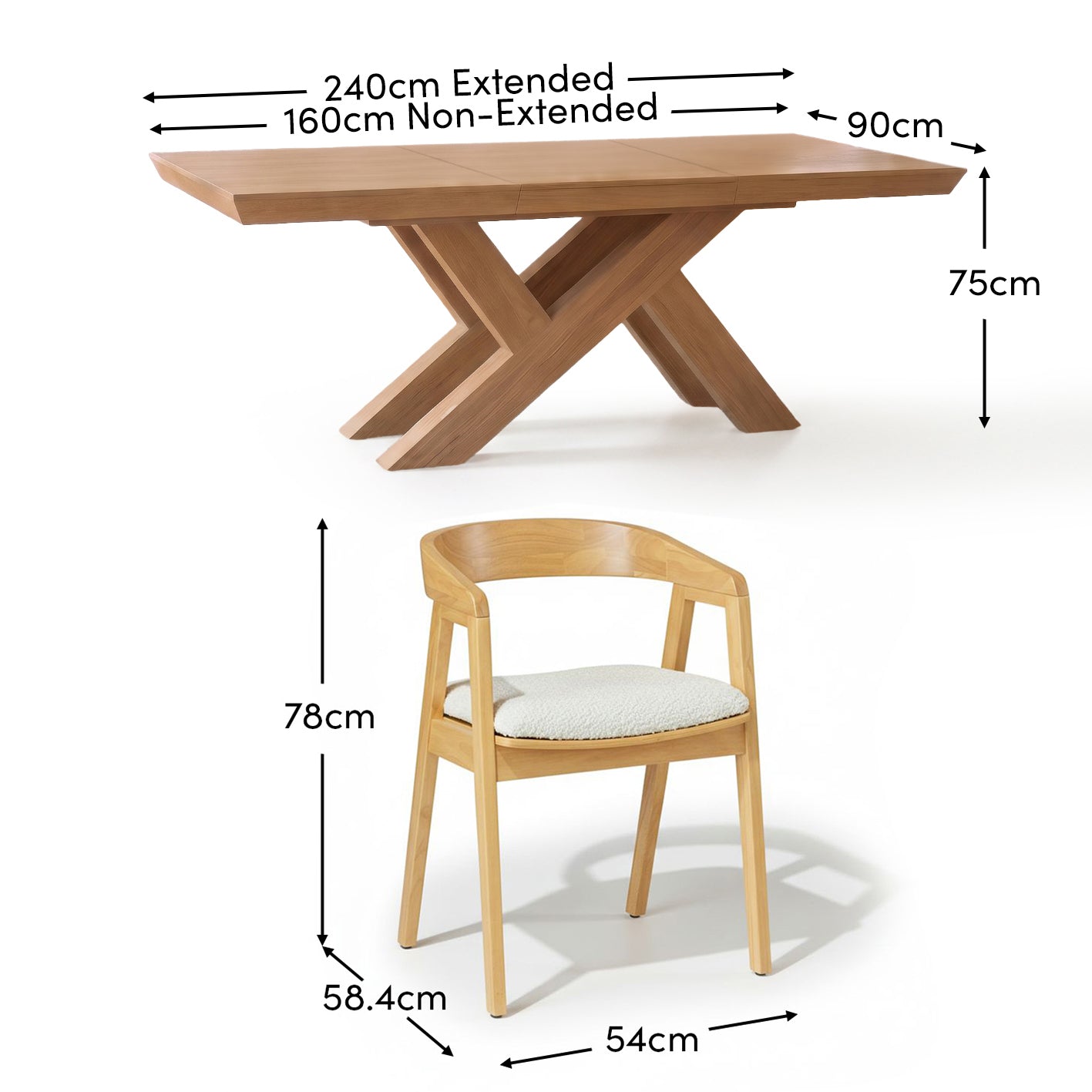 Olivia 160-240cm Pale Oak Dining Table Set - 6 Seater - Ella Off White Boucle Dining Chairs - Pale Oak Legs - Laura James 