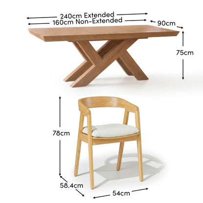 Olivia 160-240cm Pale Oak Dining Table Set - 6 Seater - Ella Off White Boucle Dining Chairs - Pale Oak Legs - Laura James 