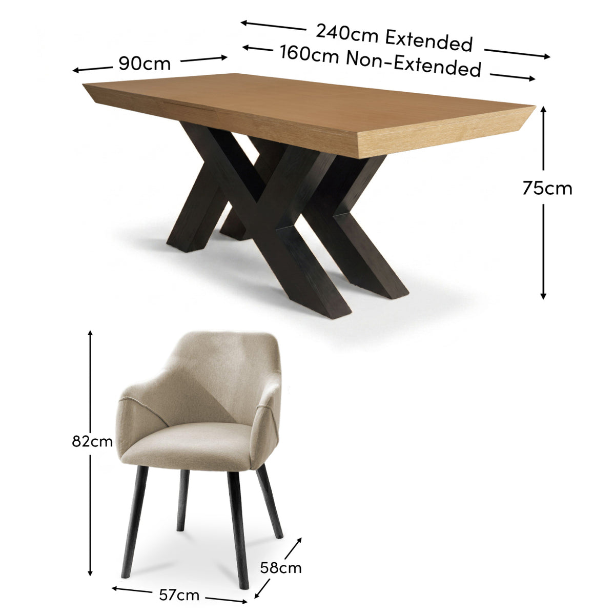 Olivia 160-240cm Whitewash Dining Table Set - 6 Seater - Freya Sand Dining Armchairs - Black Oak Legs- Laura James  
