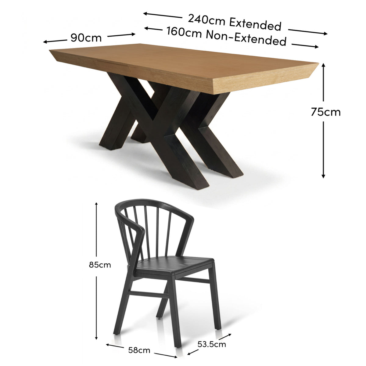 Olivia 160-240cm Pale Oak Dining Table Set - 6 Seater - Mabel Dining Chairs - Black Oak Legs - Laura James 