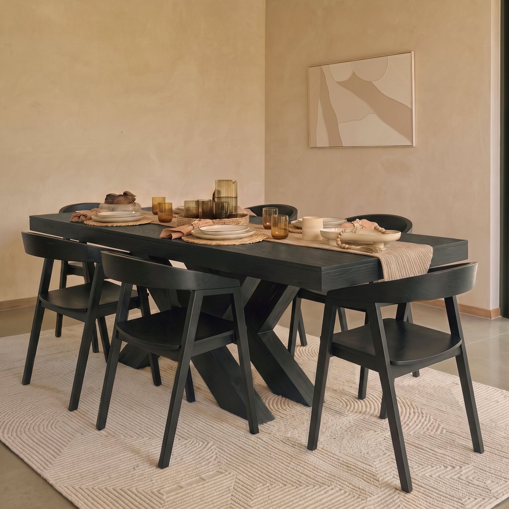 Olivia 160-240cm Black Oak Dining Table Set - 6 Seater - Ella Black Oak Dining Chairs - Laura James 