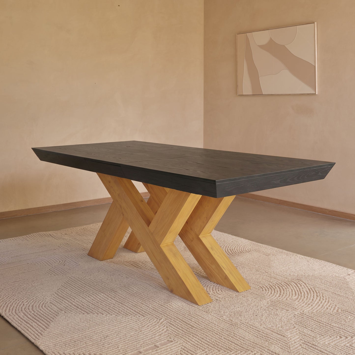 Olivia 160-240cm Black Oak Dining Table Set - 6 Seater - Freya Sand Dining Armchairs - Pale Oak Legs
