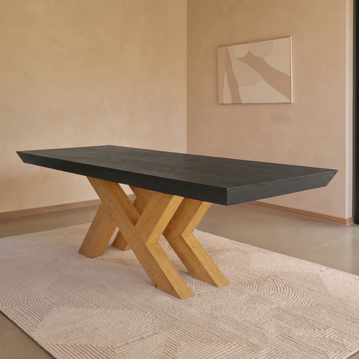 Olivia 160-240cm Black Oak Dining Table Set - 6 Seater - Freya Sand Dining Armchairs - Pale Oak Legs