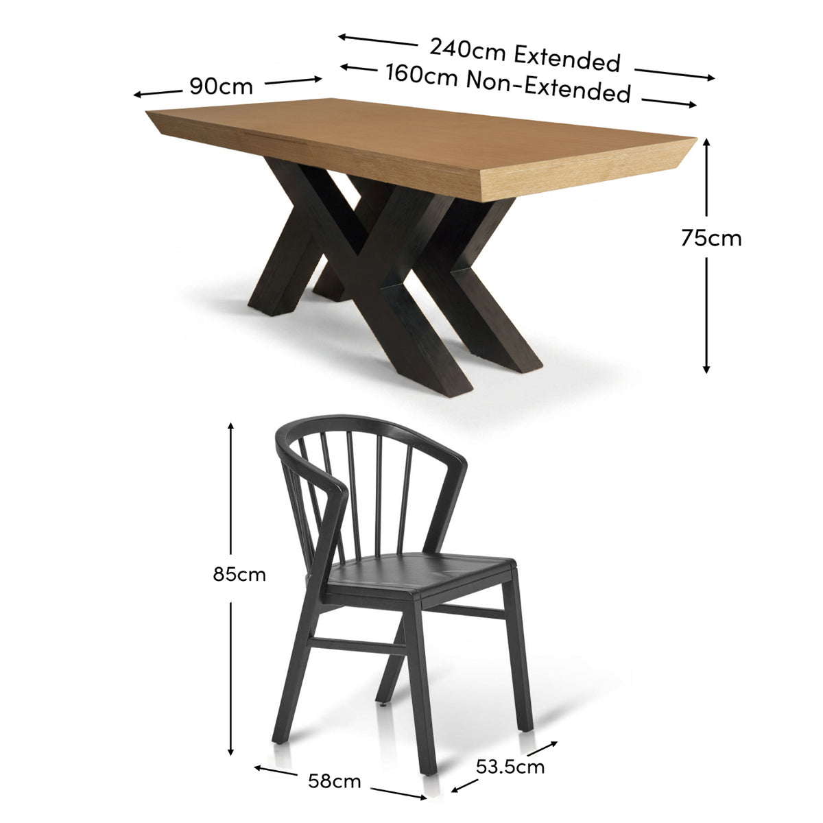 Olivia 160-240cm Whitewash Oak Dining Table Set - 6 Seater - Mabel Dining Chairs - Black Oak Legs - Laura James 